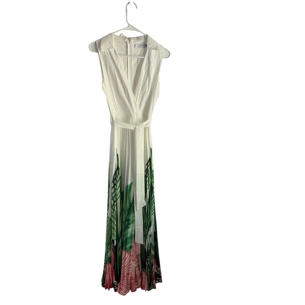 Chicways Sleeveless White Maxi Jumpsuit with Green Palm Print and Pink Hem